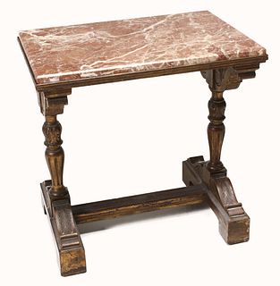 AN EARLY 20TH CENT TRESTLE FORM SIDE TABLE WITH MARBLE