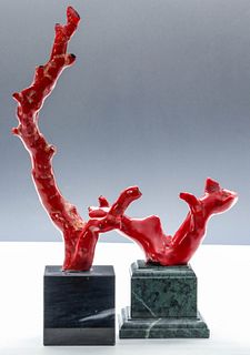TWO ASIAN STICK CORAL SCULPTURES ON MARBLE BASE