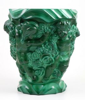 Czech Malachite Glass Vase with Cherubs