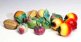 BLOWN ART GLASS PEACHES AND CHINESE CERAMIC FRUITS