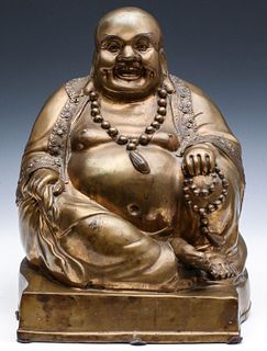 A LARGE HEAVY BRASS FIGURE OF LAUGHING BUDDHA