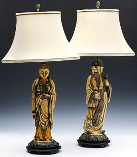 ANTIQUE CHINESE SANCAI GLAZE POTTERY FIGURES AS LAMPS