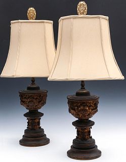 ORNATE 19TH C. IRON URNS WITH CHRISTOGRAM - NOW LAMPS
