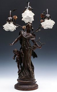 A CLASSICAL PATINATED SPELTER FIGURE LAMP AFTER MOREAU