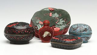 UNUSUAL CINNABAR CONTAINERS AND SNUFF BOTTLE