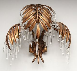 A 20TH C. GILT METAL PALM FROND WALL SCONCE WITH PRISMS