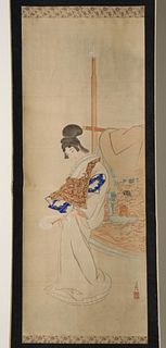 A MEIJI PERIOD JAPANESE SCROLL OF LADY DRESSING