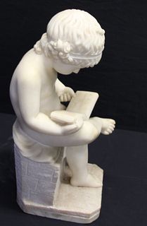 Antique Marble Sculpture Of A Child Reading.