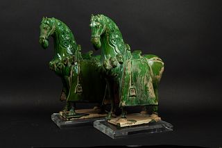 Pair of Green-Glazed Tang Style Horses.