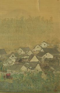 Monumental Japanese Village Painting.