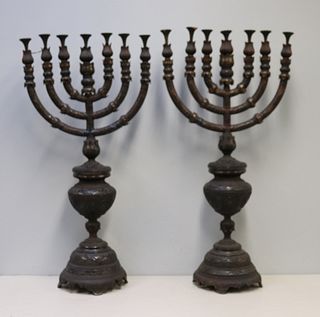 A Finely Carved And Fine Quality Pair Of Menorahs