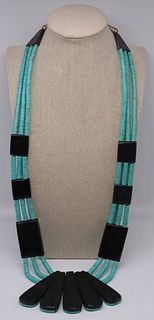 JEWELRY. Signed Turquoise and Onyx Heishe Bead