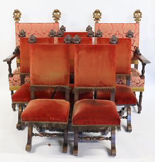 2 Antique Throne Style Chairs And 6 Side Chairs