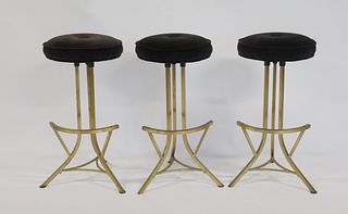 Midcentury Set Of 3 Brass And Upholstered Stools