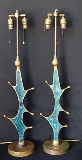 Pair Of Gilt Bronze And Enameled Free Form Lamps.