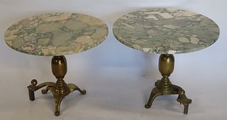 Pair Of Brass Andiron Base Marbletop Tables.