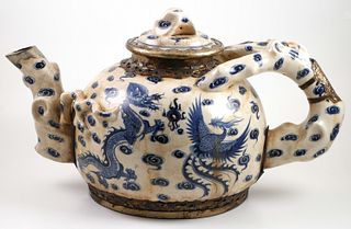 Chinese Blue & White Metal Mount Large Teapot