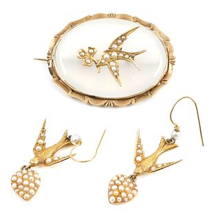 Victorian Pin & Earrings set, Swallows