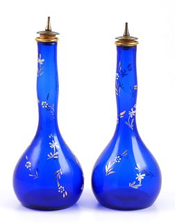 Pair Victorian Barber Bottles Enamel Cobalt Blue