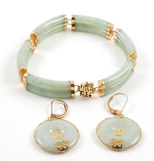 14k Gold Chinese Jade Bracelet & Earrings