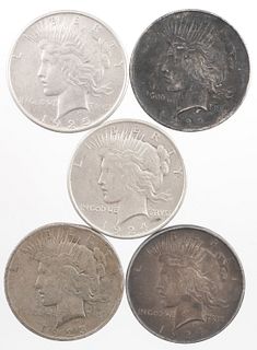 5 Peace Silver Dollars, various dates