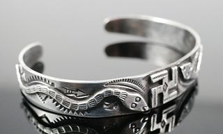 Navajo Coin Silver Swastika Cuff Bracelet
