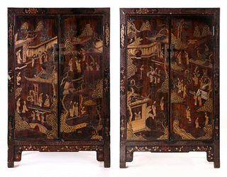 PAIR EARLY 20TH C. CHINESE CHINOISERIE LACQUER CABINETS
