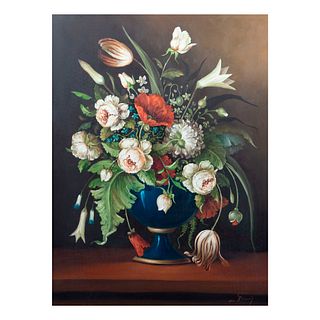 Gómez. Bouquet con florero azul. Firmado. Óleo sobre tela. Enmarcado. Detalles de conservación. 60 x 80 cm