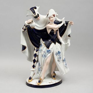 Mascarada del Carnaval de Venecia. Checoslovaquia, años 60. Elaborado en porcelana Royal Dux azul cobalto acabado brillante y gress.