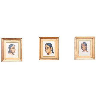 Lote de 3 obras pictóricas. Luis Solleiro. (México, 1915-1986) Retratos de mujeres indígenas. Firmados. Óleo sobre tela sobr...