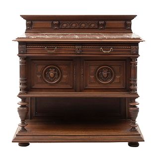 Sideboard. France. 20th Century. Henri II. Carved in walnut. Marble top, 2 drawers, 2 doors. 47.2 x 47.2 x 18.5" (120 x 120 x 47 cm.)