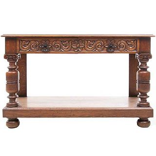 Console table. France. 20th Century. Carved in oak. Rectangular top and drawr with metal handles. 29.5 x 47.2 x 17.7" (75 x 120 x 45 cm)