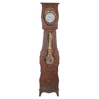 Granfather Clock. France. 20th Century. Louis Phillipe Style. Carved in oak. Winding mechanism and pendulum. 91.3 x 19.6 x 10.2" (232 x 50 x 26 cm.)