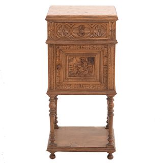 Nightstand. France. 20th Century. Breton Style. Carved in oak. Rectangular marble top. 33.8 x 15.7 x 13.7" (86 x 40 x 35 cm).