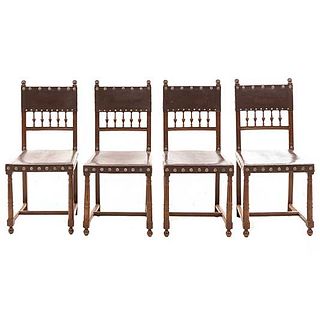 Lot of 4 chairs. France. 20th Century. Henri II. Carved in walnut. Semi-open backrests and y seats in leather.