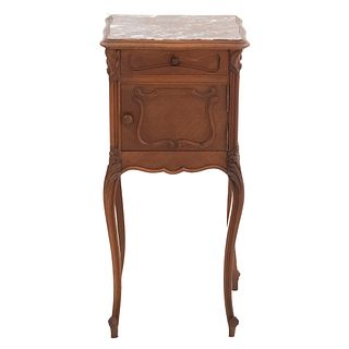 Nightstand. France. 20th Century. Louis XV. Carved in walnut. Square tabletop in marbled red. 33 x 15.3 x 15.3" (84 x 39 x 39 cm)