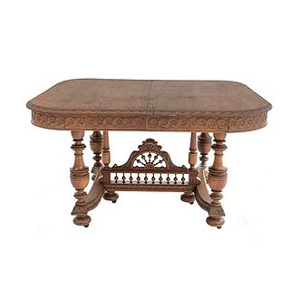 Table. France. 20th Century. Henri II. Carved in oak. Rectangular tabletop and expandable system. 28.3 x 49.6 x 44.8" (72 x 126 x 114 cm)