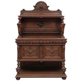 Show Case. France. 20th Century. Henri II. Carved in walnut. With rectangular top in marble. 79.5 x 50 x 22" (202 x 127 x 56 cm)