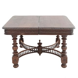 Table. France. 20th Century. Breto Style. Carved in oak. Rectangular tabletop and expandable system. 29 x 50 x 44.4" (74 x 128 x 113 cm)