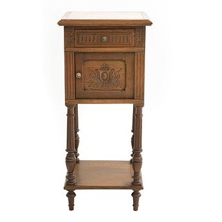 Nightstand. France. 20th Century. Henri II. Carved in walnut. Square marble tabletop. 34.6 x 15.7 x 15.7" (88 x 40 x 40 cm)