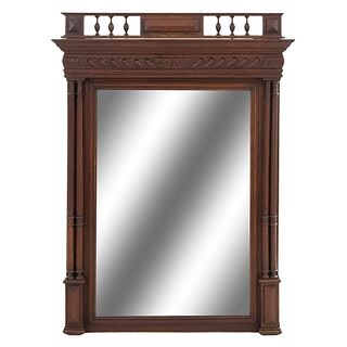 Mirror. France. 20th Century. Henri II. Carved in oak. Beveled, rectangular mirror. 46 x 34.2 x 3.9" (117 x 87 x 10 cm)