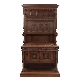 Cabinet. France. 20th Century. Henri II. Carved in walnut. Rectangular marble cover. 95 x 51.5 x 20.8" (242 x 131 x 53 cm)