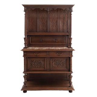 Cabinet. France. 20th Century. Henri II. Carved in walnut. With rectangular marble top. 80.3 x 49.2 x 18.5" (204 x 125 x 47 cm)