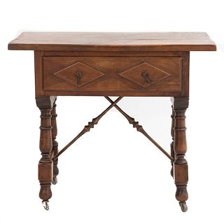 Table. France. 20th Century. Spanish Style. Carved in oak. With rectangular tabletop and drawer with handles. 33 x 39 x 17.3" (84 x 99 x 44 cm)