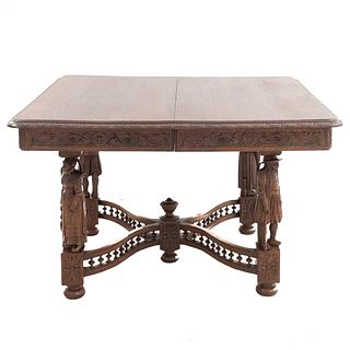 Table. France. 20th Century. Breton Style. Carved in oak. With rectangular tabletop and expandable system. 29.5 x 46.4 x 47.2" (75 x 118 x 120 cm)