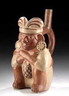 Moche Pottery Stirrup Portrait Vessel - Man w/ Coca