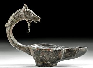 Roman Bronze Oil Lamp w/ Horse Handle