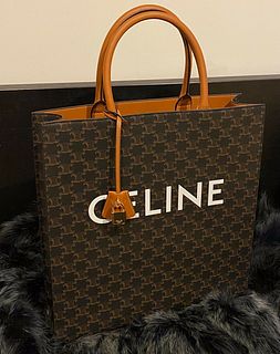 Celine Vertical Cabas In Triomphe Canvas And Calfskin Tote Bag Tan NWT