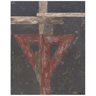 FRANCISCO CASTRO LEÑERO, Estructura en cruz ("Structure on a Cross"), Signed and dated 86, Acrylic on canvas, 39.3 x 31.4" (100 x 80 cm)