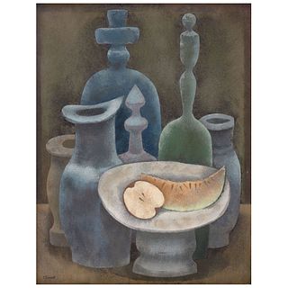 ENRIQUE CLIMENT, Naturaleza muerta con melón ("Still Life with Melon"), Signed, Tempera on paper on wood, 19.4 x 14.9" (49.5 x 38 cm)